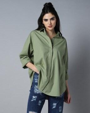 women regular fit button-down shirt with full sleeves