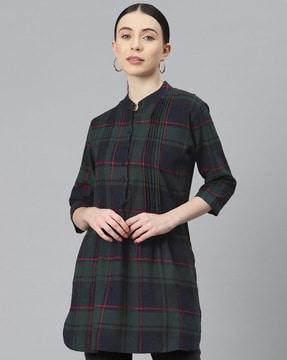 women regular fit checked a-line tunic with mandarin collar