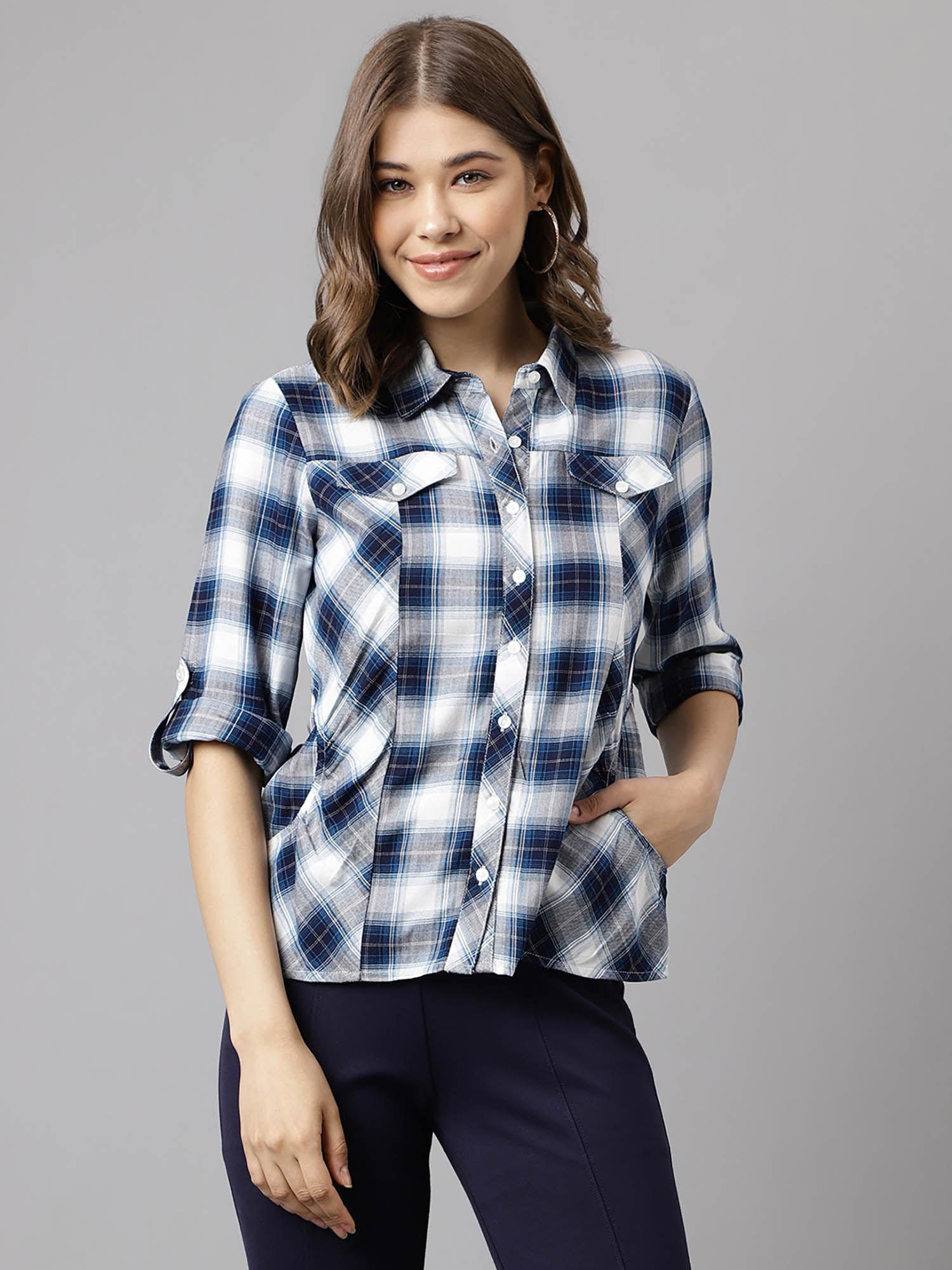 women regular fit checkered spread collar casual shirt