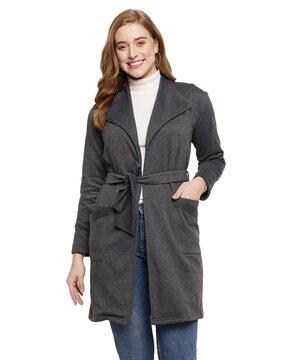 women regular fit coat with waist tie-up