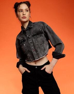 women regular fit crop denim jacket