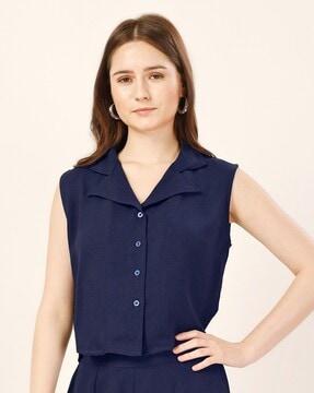 women regular fit crop shirt with lapel collar