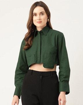 women regular fit crop shirt with patch pockets
