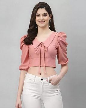 women regular fit crop top with collar neck