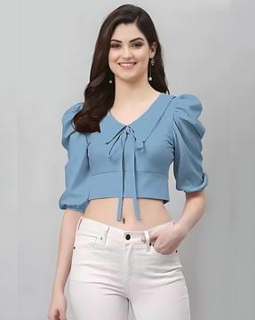 women regular fit crop top with collar neck