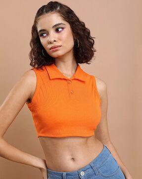 women regular fit crop top with spread collar