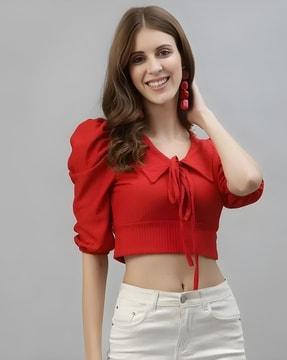 women regular fit crop tunic with collar neck