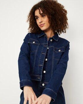 women regular fit denim jacket with patch pockets