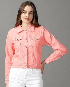 women regular fit denim jacket with spread collar