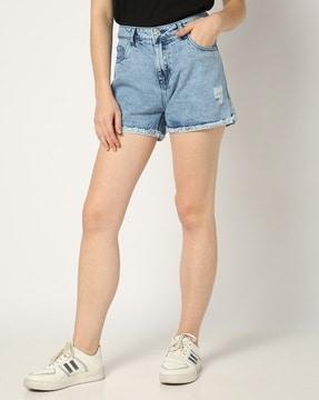 women regular fit distressed denim shorts