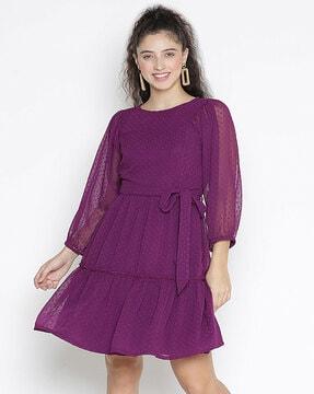 women regular fit embroidered a-line dress with round neck