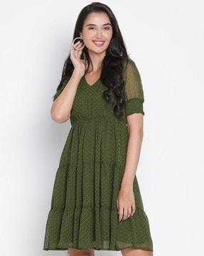 women regular fit embroidered a-line dress with v-neck