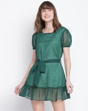 women regular fit embroidered dress with square neck