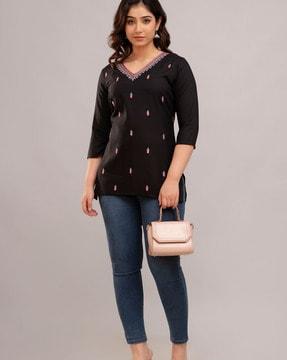 women regular fit embroidered top with bracelet sleeves