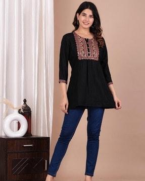 women regular fit embroidered top with bracelet sleeves