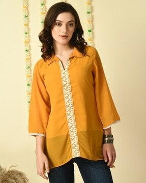 women regular fit embroidered top with collar neck