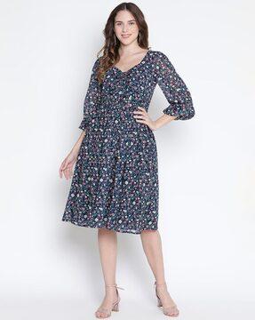 women regular fit floral a-line dress with v-neck