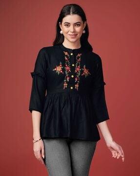 women regular fit floral embroidered gathered tunic