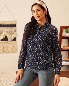 women regular fit floral print shirt with full sleeves