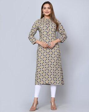 women regular fit floral print straight kurta with collar neck