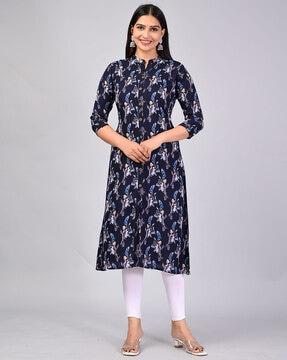 women regular fit floral print straight kurta with round neck