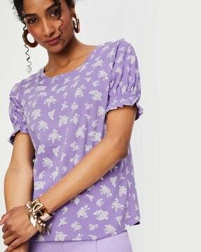 women regular fit floral print t-shirt with puff-sleeves