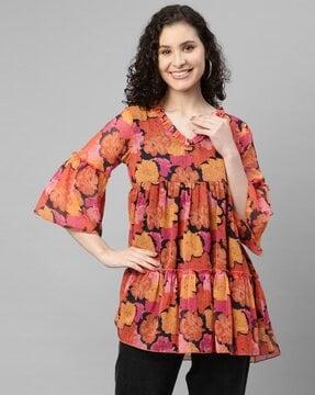 women regular fit floral print top with  v-neck