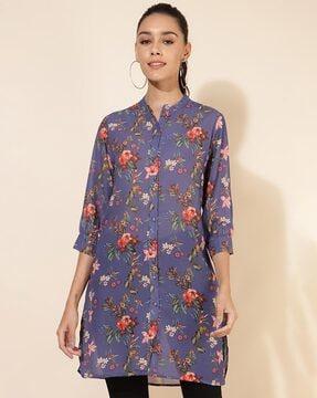 women regular fit floral print tunic with bracelet sleeves