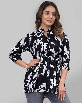 women regular fit floral tunic with tie-up neck