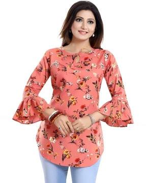 women regular fit floral tunic with tie-up neck