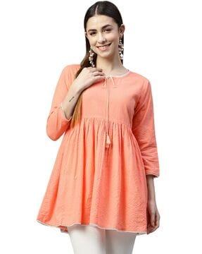 women regular fit gathered top with tie-neck