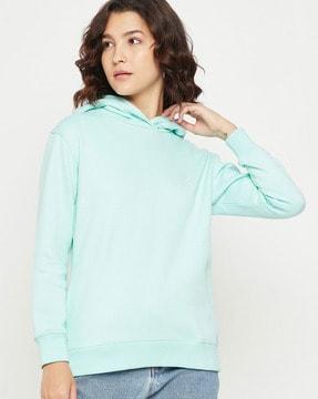 women regular fit hooded sweatshirt with ribbed hem