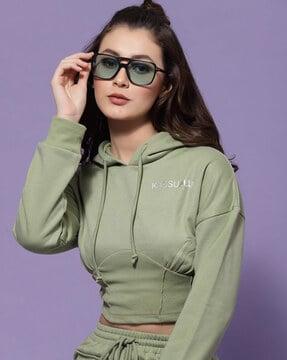 women regular fit hoodie with brand print