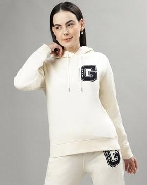 women regular fit hoodie with logo print