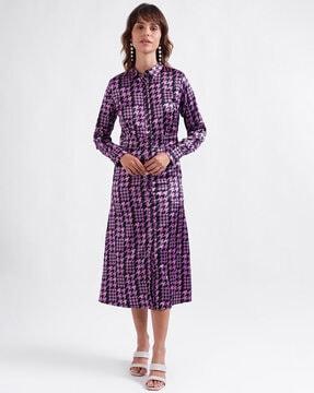 women regular fit houndstooth dress with collar neck