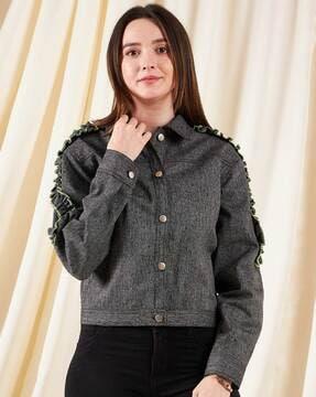 women regular fit jacket with frilled detail