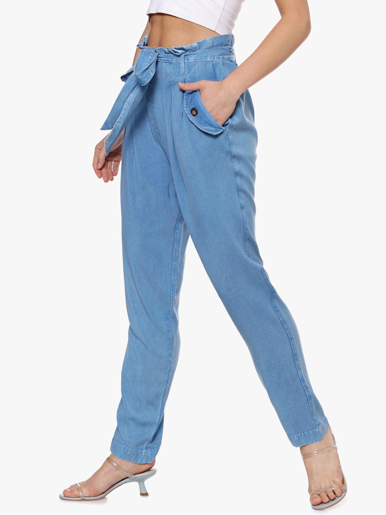 women regular fit light blue trousers