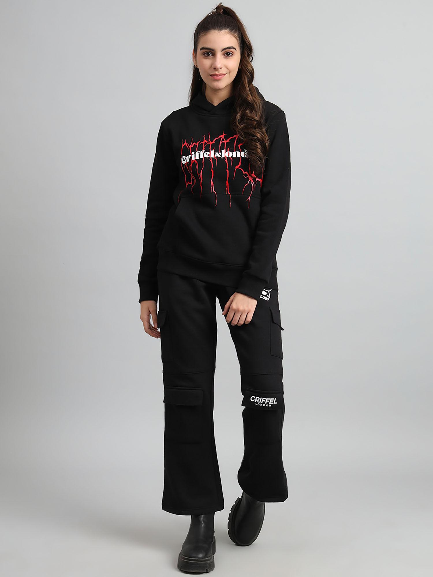 women regular fit london storm print cotton black hoodie and trackpants (set of 2)