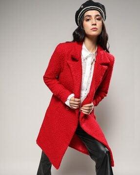 women regular fit long coat with button closure