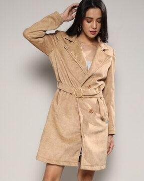 women regular fit long coat with waist belt