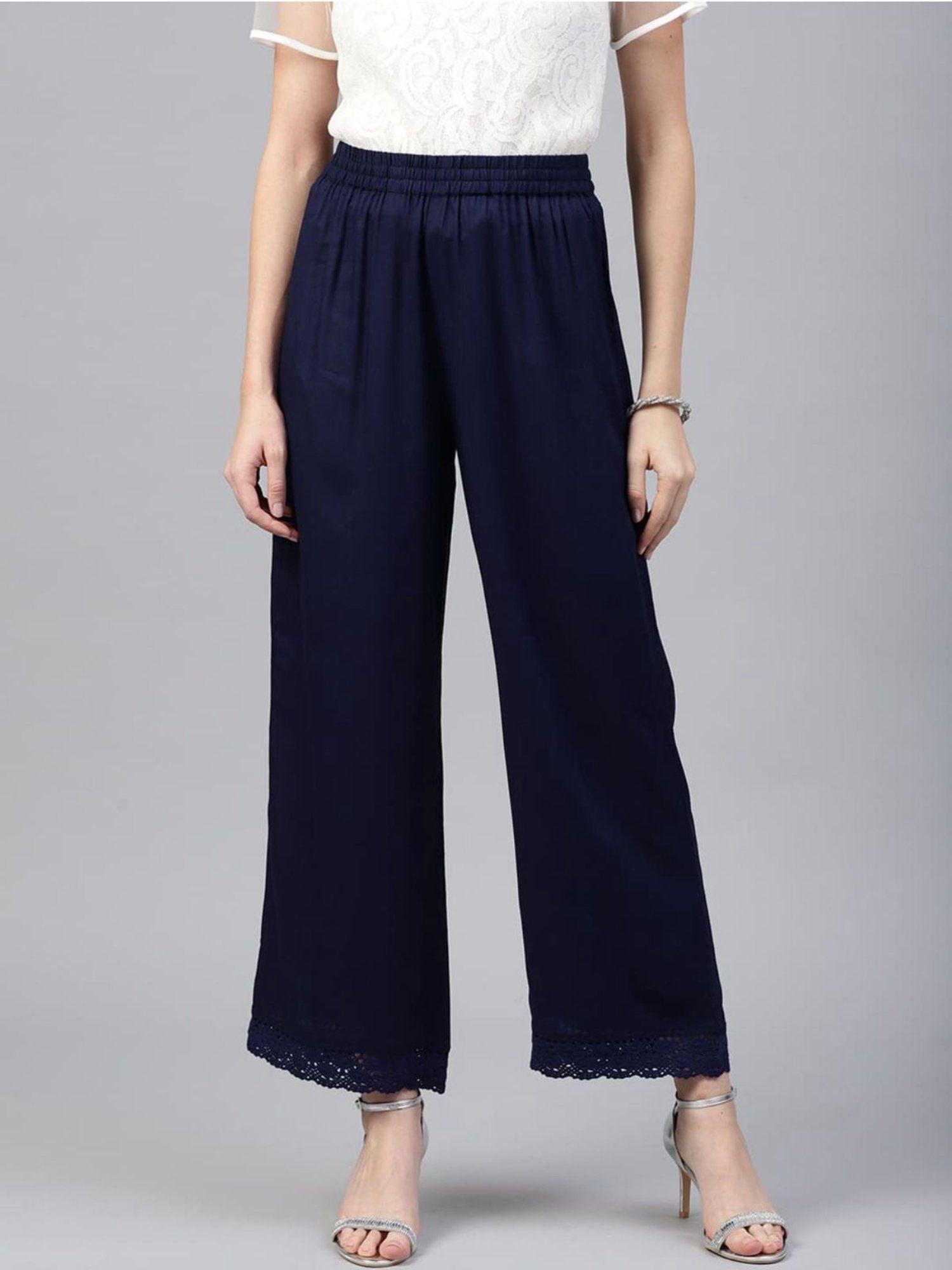 women regular fit navy blue pure cotton palazzos