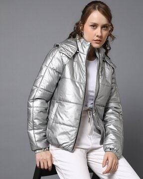 women regular fit padded jacket with detachable hoodie