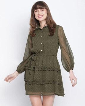 women regular fit polka-dot a-line dress with collar neck