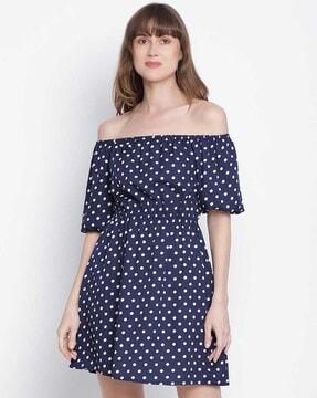 women regular fit polka-dot dress with off shoulder