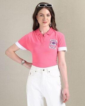 women regular fit polo t-shirt with logo print