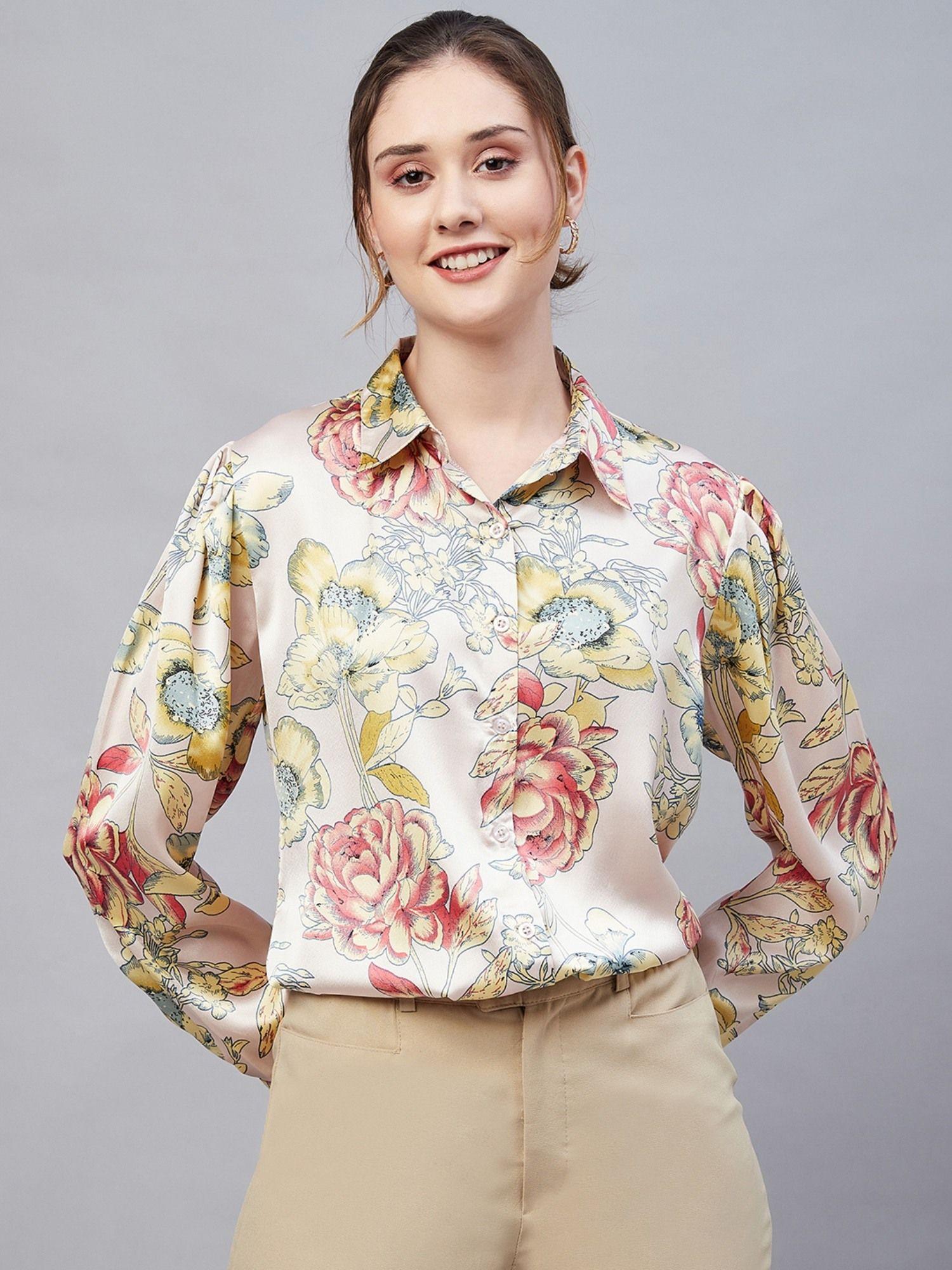 women regular fit printed sleeves spread collar shirt