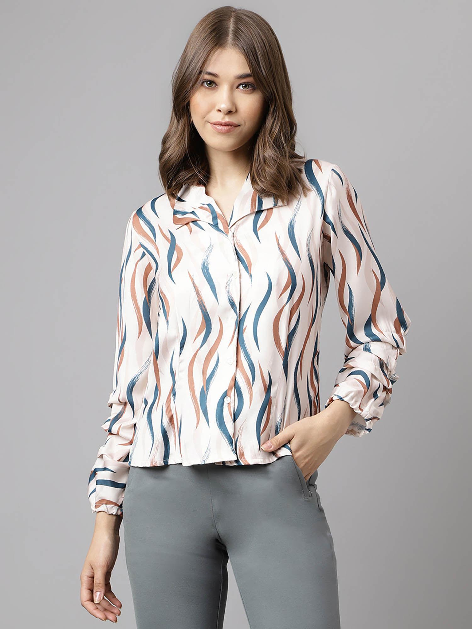 women regular fit printed spread collar casual shirt