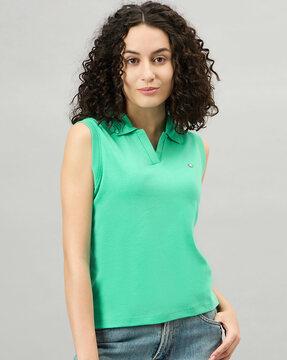 women regular fit ribbed polo t-shirt with full sleeves