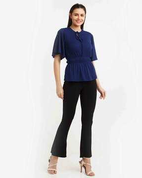 women regular fit ribbed top with short sleeves