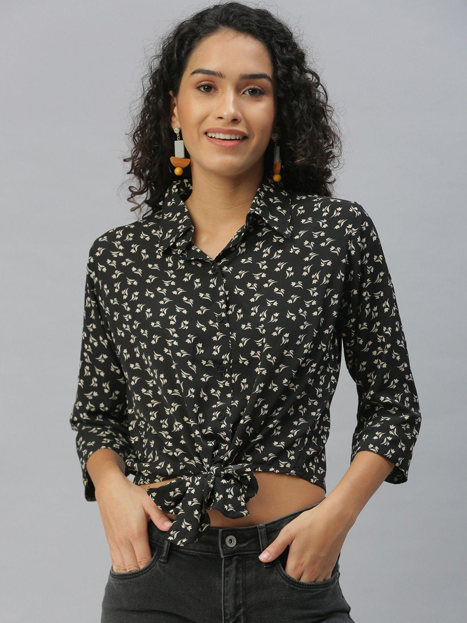 women regular fit roll-up sleeves black floral shirt
